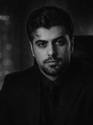 Black-and-white portrait of Mehran