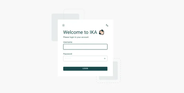 IKA sign-in screen with theme and language switches